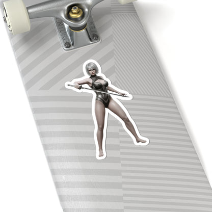 A2 Nier Sticker – Sci-Fi Game Vinyl Sticker for Laptops & Indoor Decor on gray skateboard laptop decal showing glossy, detailed sci-fi character art