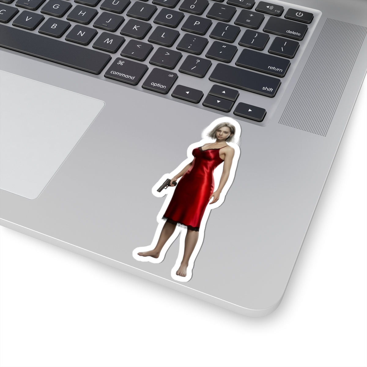 Alt Tag: Grace Ashcroft Sticker, Resident Evil Sticker, Laptop Sticker, Gaming Fan Gift - vinyl laptop sticker of Grace Ashcroft in red dress holding a gun