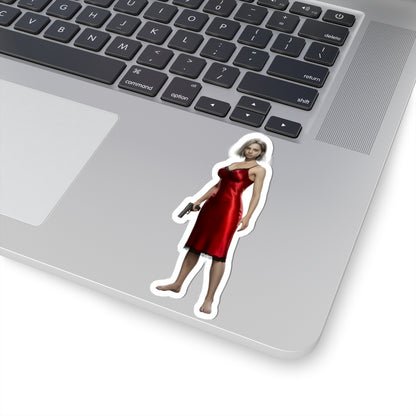 Alt Tag: Grace Ashcroft Sticker, Resident Evil Sticker, Laptop Sticker, Gaming Fan Gift - vinyl laptop sticker of Grace Ashcroft in red dress holding a gun