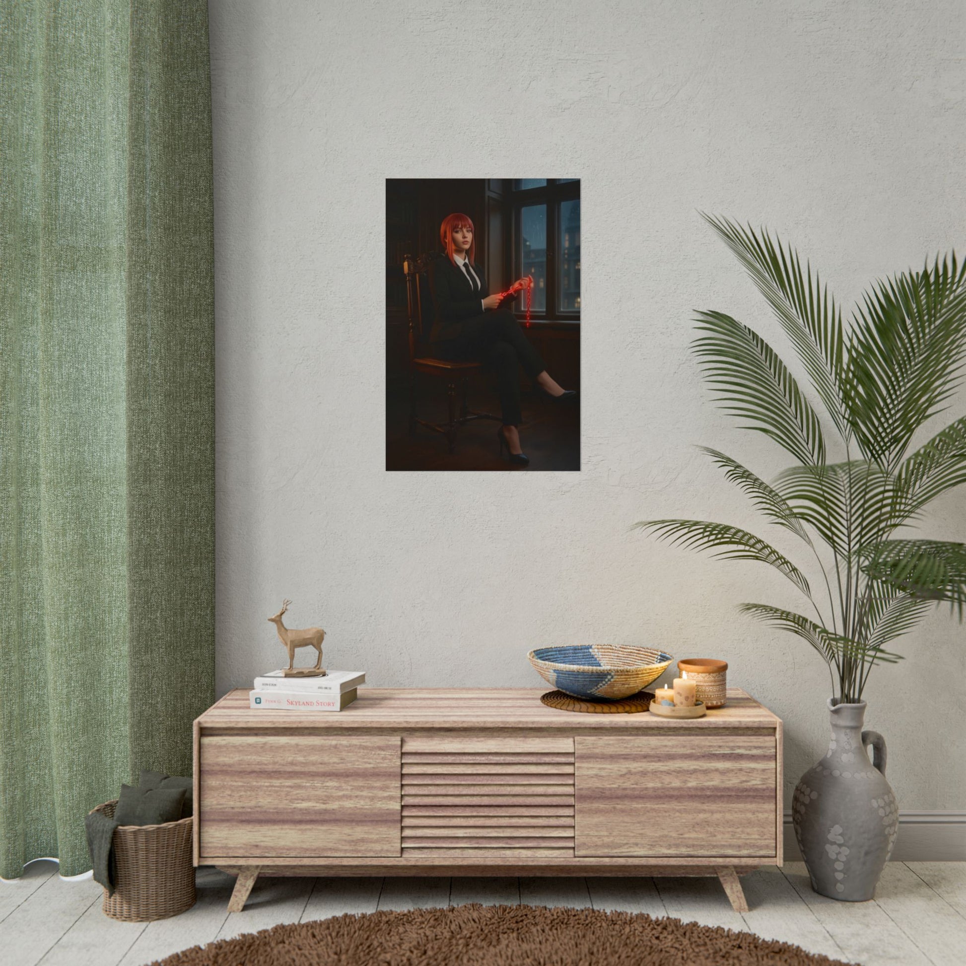 Makima Poster, Chainsaw Man Print, Iconic Anime Character Art — dramatic framed wall art of Makima in modern living room
