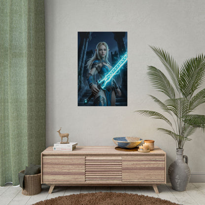 Princess Poster Fantasy  Wall Art Print Gaming Room Decor showing heroine with glowing sword in cinematic mystical ruin, perfect gaming room decor