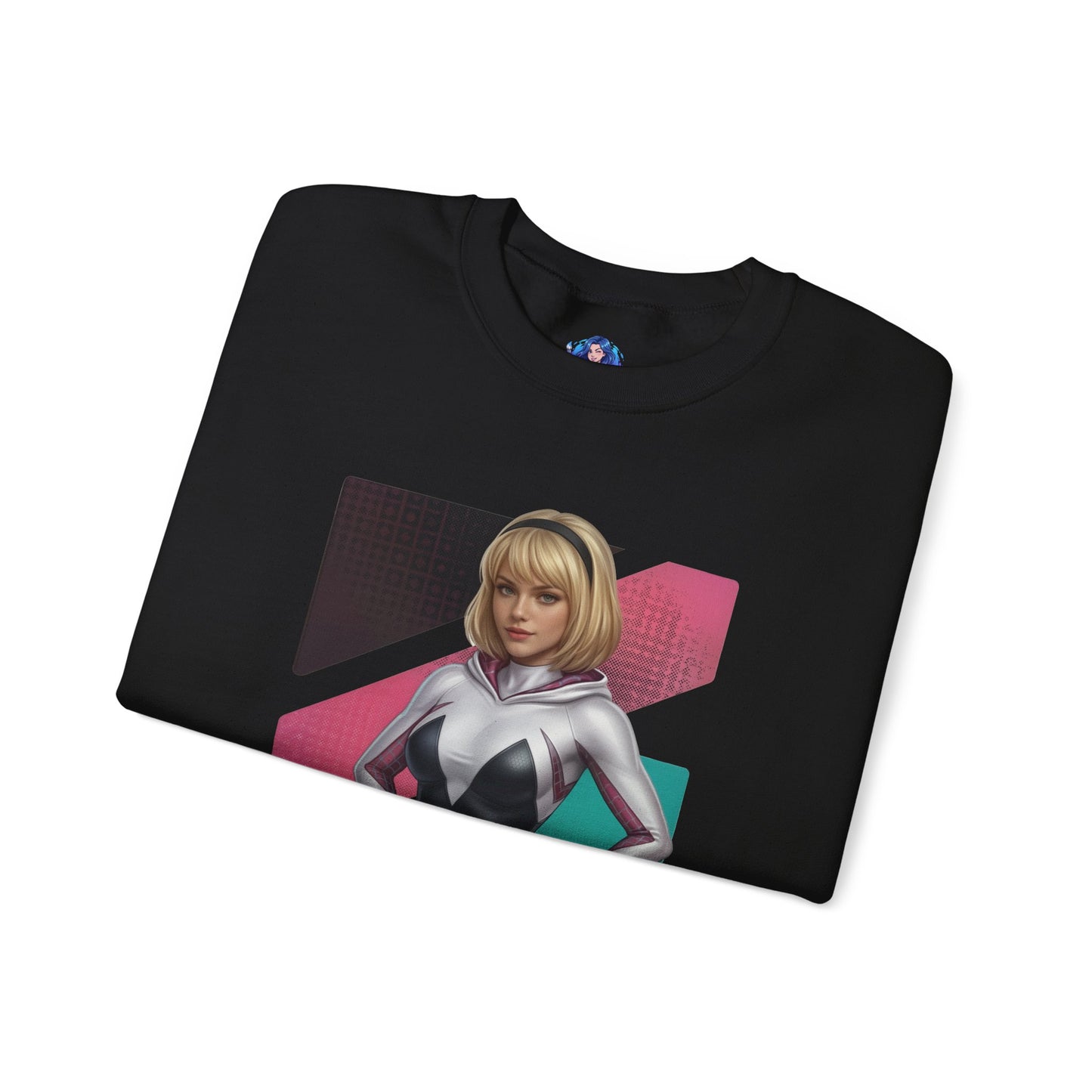 Spider Gwen Sweatshirt, Spider-Verse Crewneck, Stylish Superhero Apparel for Fans — folded black crewneck with Spider Gwen white-pink artwork