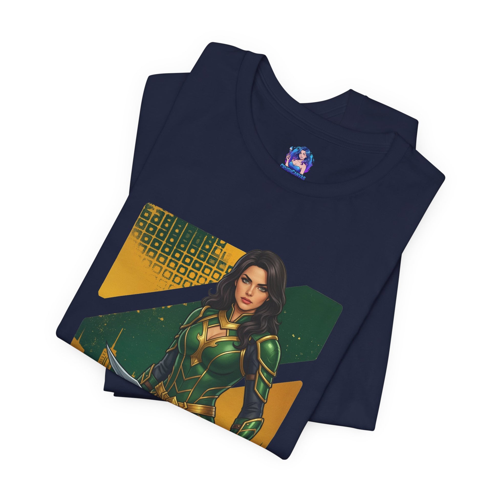 Talia al Ghul T-Shirt | DC Comics Anime Tee for Gamers & Comic Fans showing anime-style Talia on navy Bella Canvas tee