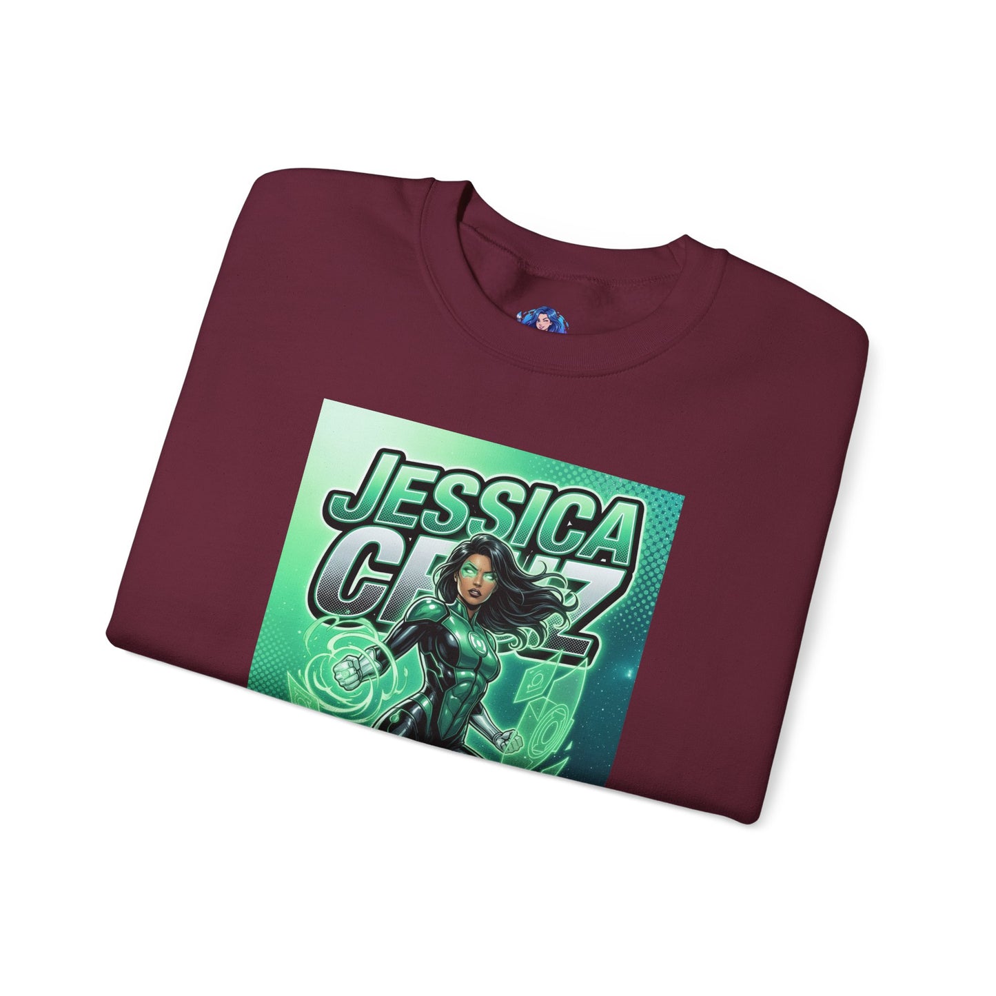 Jessica Cruz Sweatshirt, DC Comics Crewneck, Green Lantern Fan Apparel - maroon folded crewneck with glowing green Jessica Cruz graphic