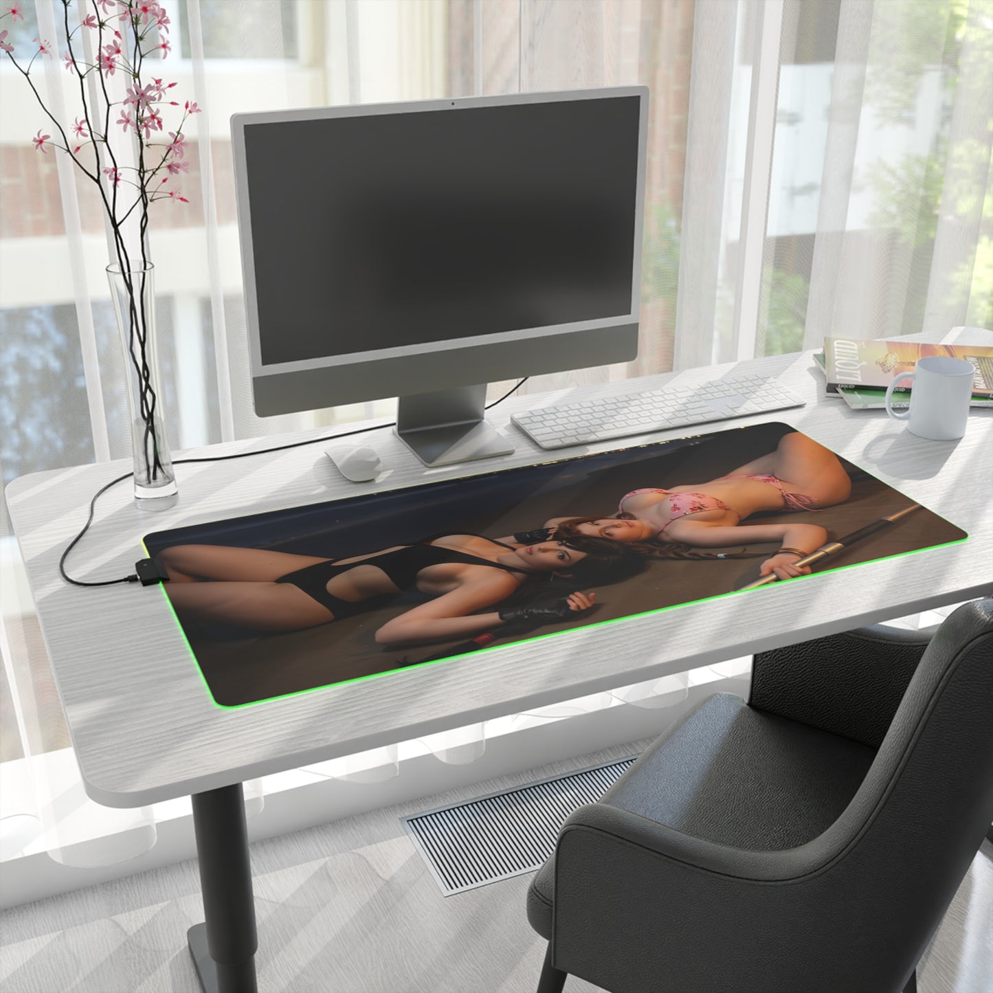 Tifa Lockhart and Aerith Gainsborough Desk Mat – LED RGB Pad on modern white desk with computer, showcasing duo character artwork and green RGB edge
