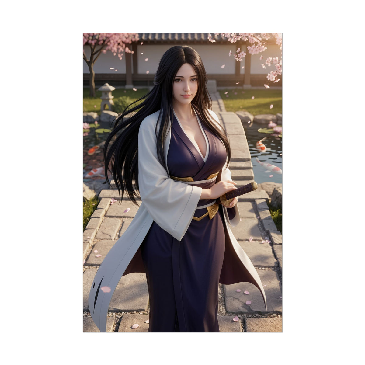 Unohana Retsu Poster, Bleach Wall Art Print  Anime Decor of a serene Unohana Retsu in kimono standing on garden path with cherry blossoms and koi pond