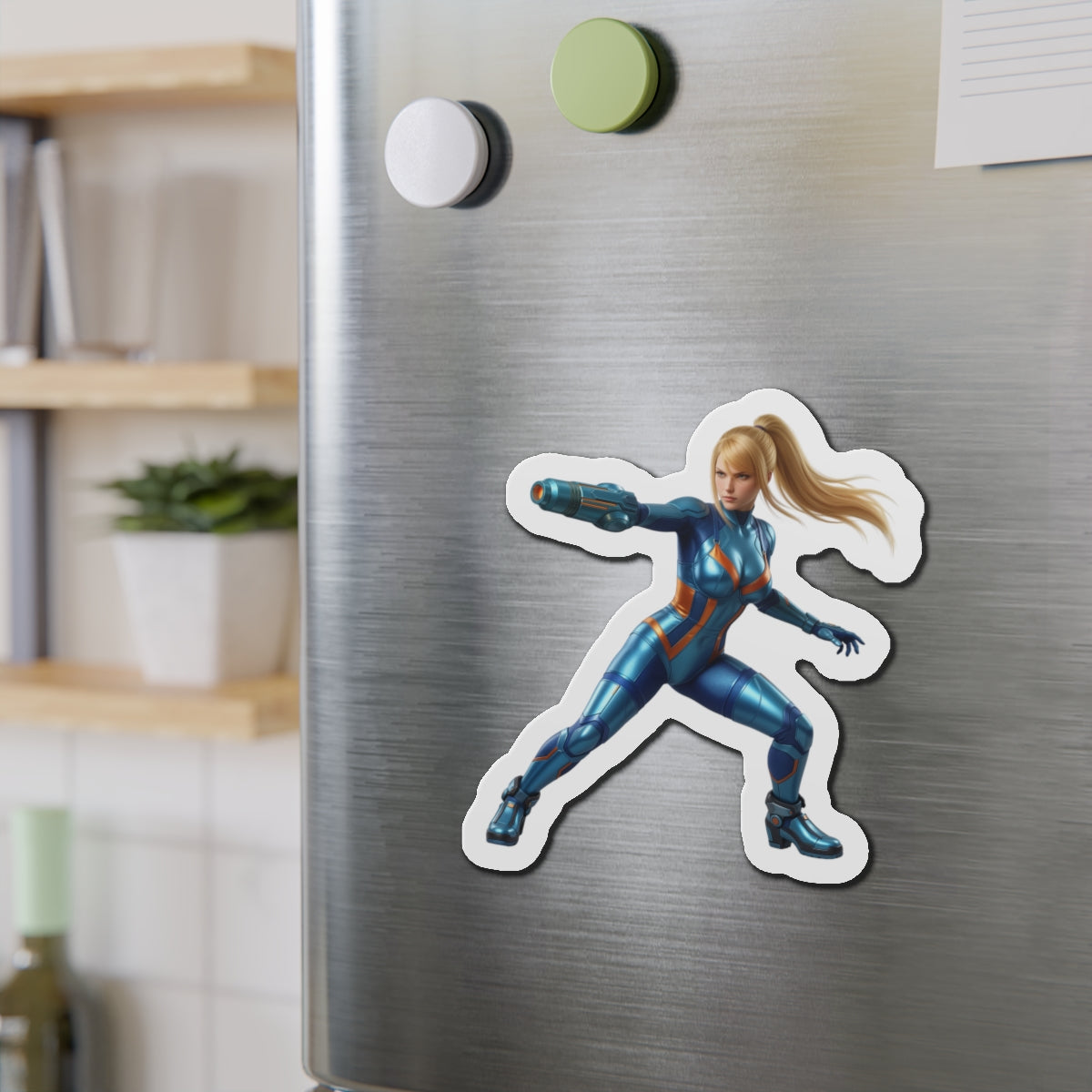 Samus Aran Magnet – Classic Sci-Fi Game Character Fridge Magnet, Decor on stainless fridge showing die-cut vinyl Samus Aran artwork