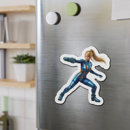 Samus Aran Magnet – Classic Sci-Fi Game Character Fridge Magnet, Decor on stainless fridge showing die-cut vinyl Samus Aran artwork