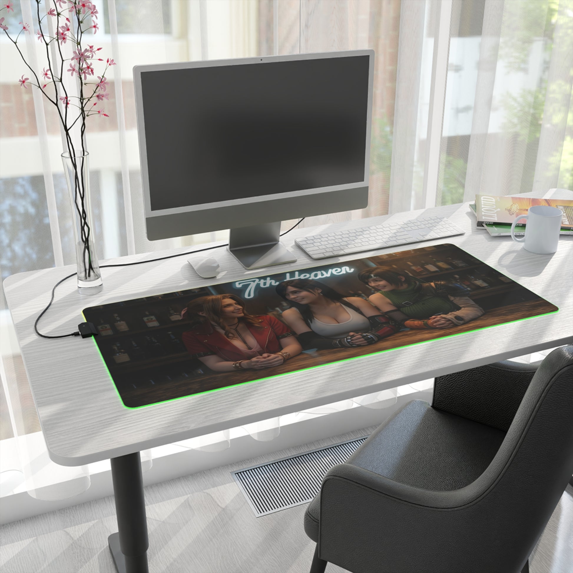Tifa Lockhart, Aerith Gainsborough & Yuffie Kisaragi Desk Mat – LED RGB Pad on a clean modern desk with green LED glow