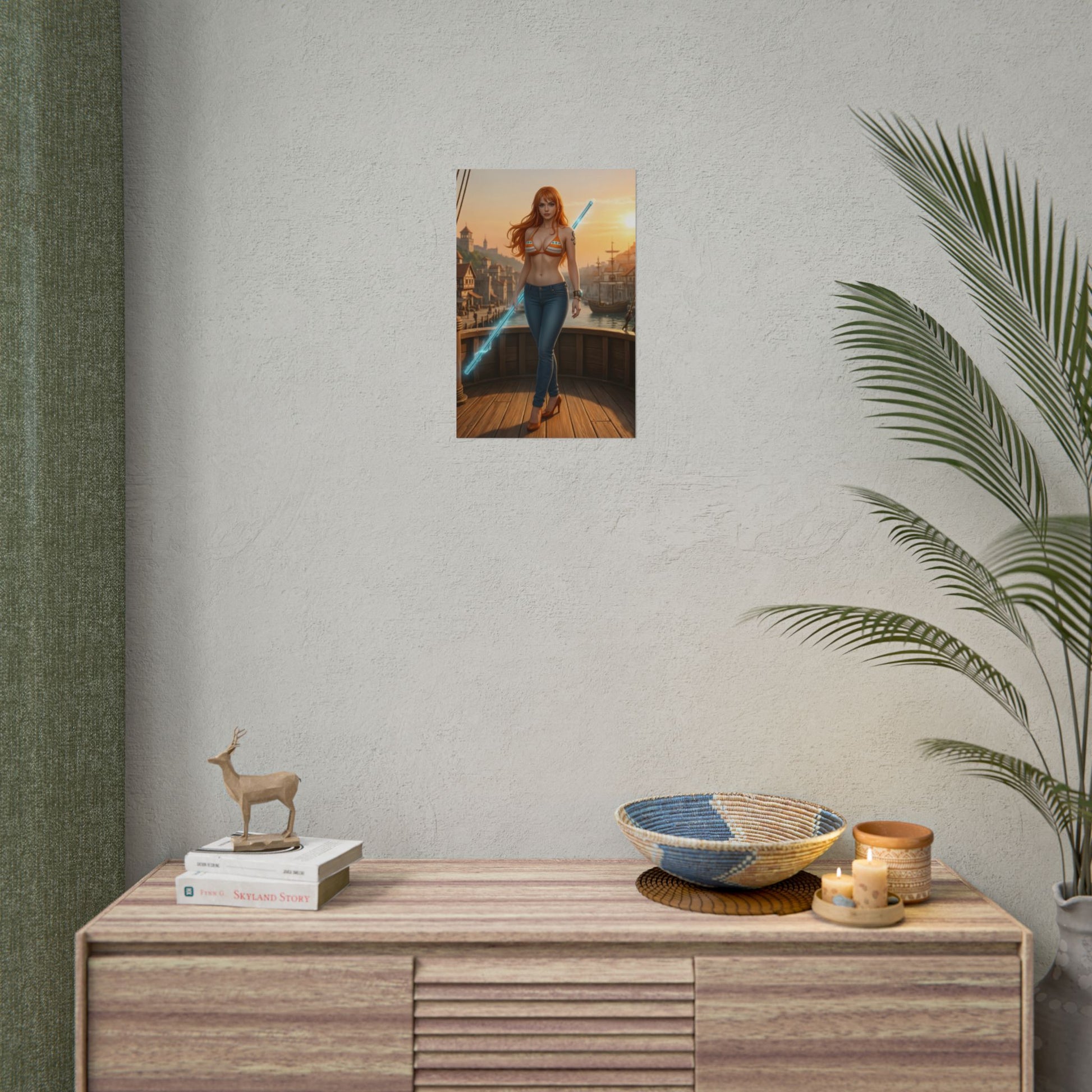 Nami Poster, One Piece Art Print, Iconic Navigator Anime Character — stylish wall art in modern room showcasing confident navigator