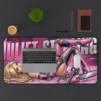 Juliet Starling Desk Mat, Lollipop Chainsaw Mouse Pad, Gamer Desk Decor — pink comic-style chainsaw girl desk mat with smooth glide surface