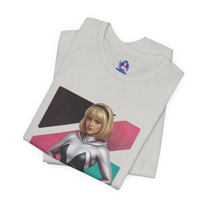 Spider-Gwen T-Shirt | Marvel Anime Tee for Gamers & Superhero Fans - white Bella Canvas tee with anime-style Spider-Gwen hooded pose
