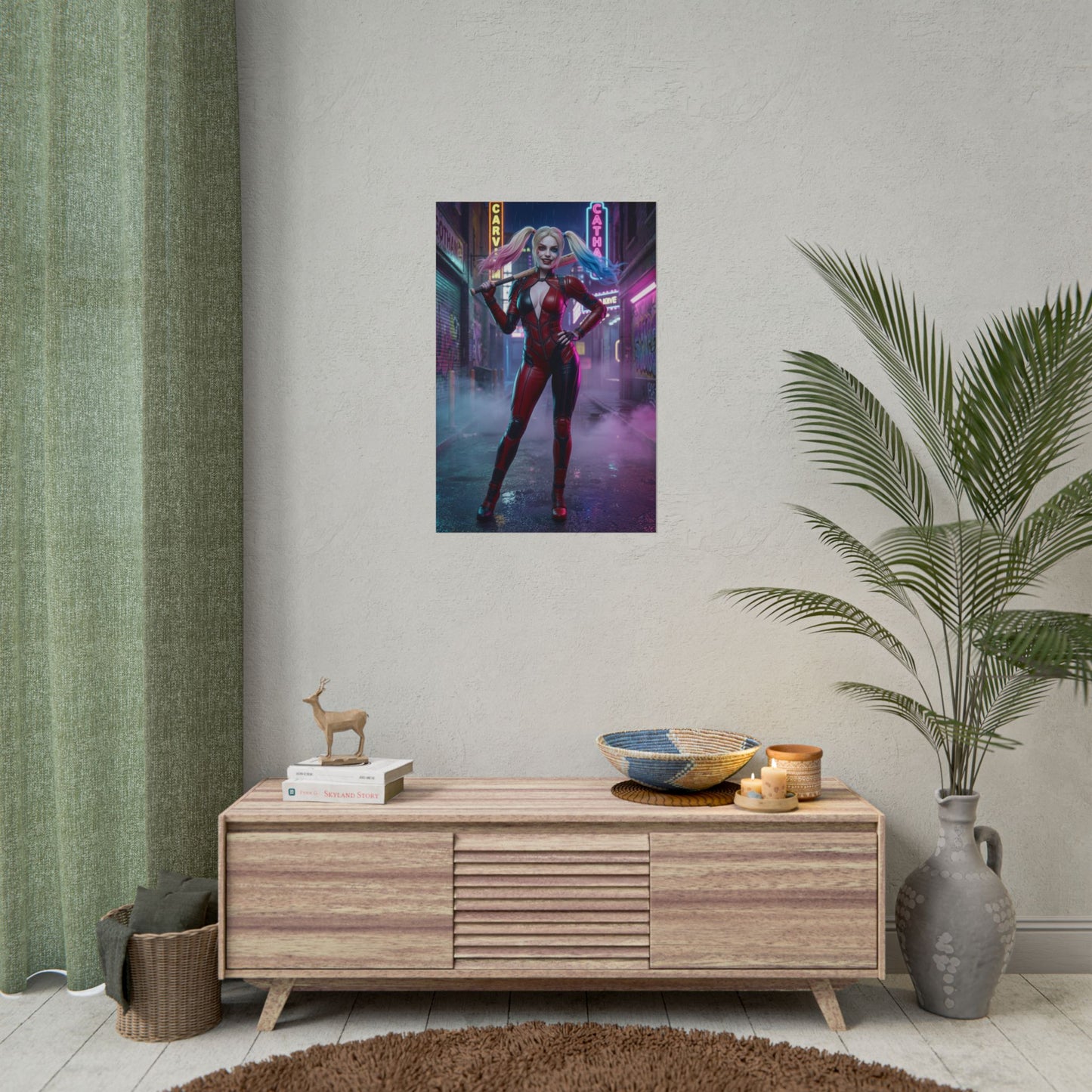 Harley Quinn Poster, DC Comics Wall Art Print – Comic Decor on modern living room wall above media console