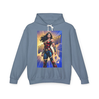Donna Troy Hoodie | DC Superhero Hoodie | Amazon Legacy Pullover - blue pullover with bold Donna Troy warrior graphic