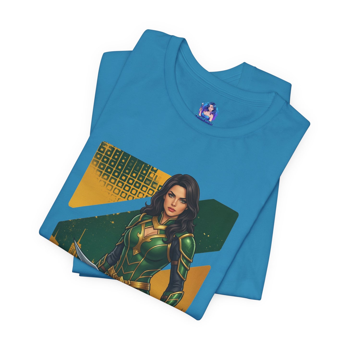 Talia al Ghul T-Shirt | DC Comics Anime Tee for Gamers & Comic Fans folded blue Bella Canvas tee with anime-style Talia illustration