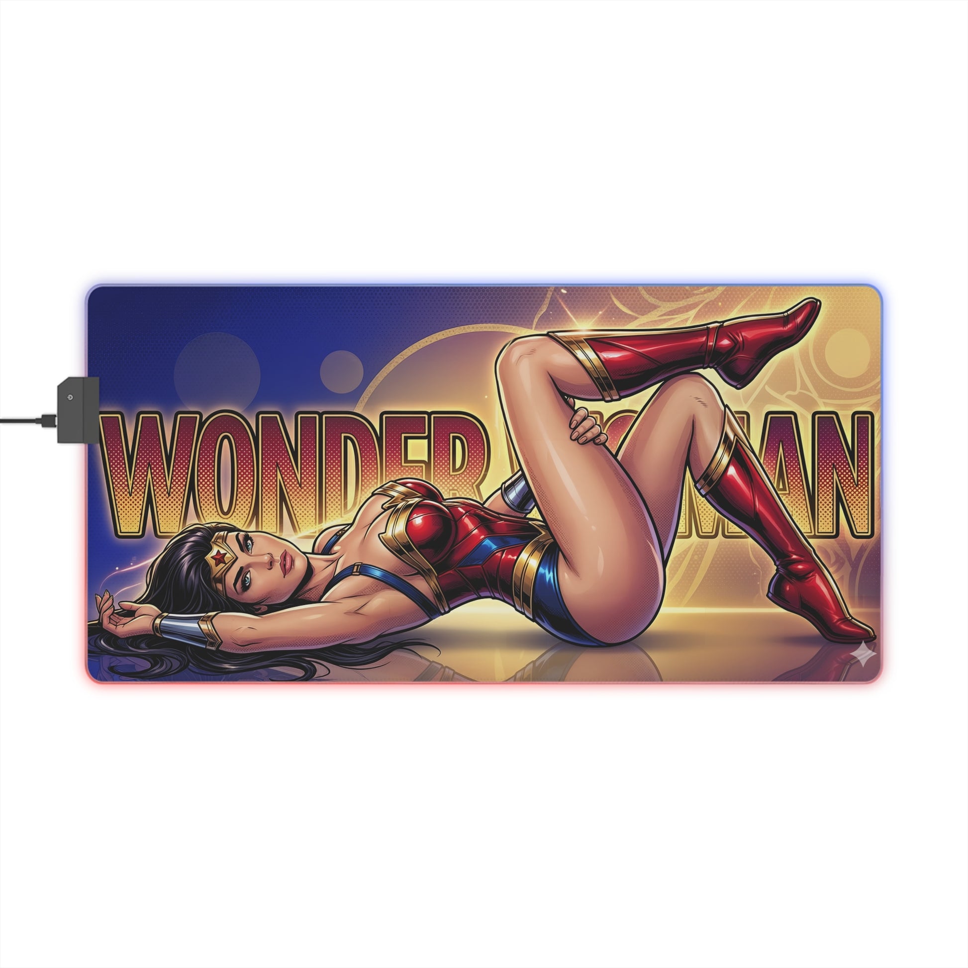 Wonder Woman RGB Desk Mat, DC Comics Gaming Mouse Pad, LED Desk Mat featuring reclining Wonder Woman artwork with RGB glow and non-slip base