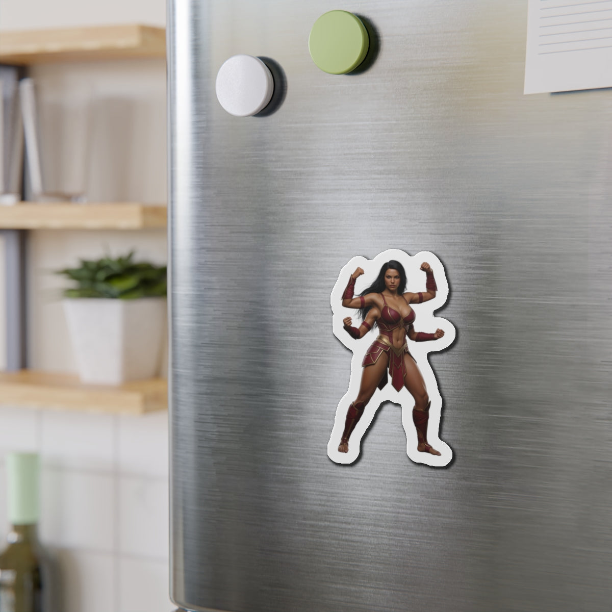 Sheeva Magnet – Mortal Kombat Warrior Fridge Magnet, Anime Style Decor on stainless fridge showing die-cut vinyl artwork of muscular Sheeva warrior