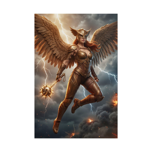 Hawkgirl Poster, DC Comics Wall Art Print – Heroine Decor soaring Hawkgirl with mace over stormy sky, premium comic heroine wall art print