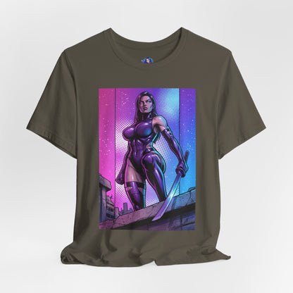 Psylocke T-Shirt | X-Men Anime Style Comic Tee showing Psylocke in a sleek bodysuit with blade against vibrant split-color backdrop
