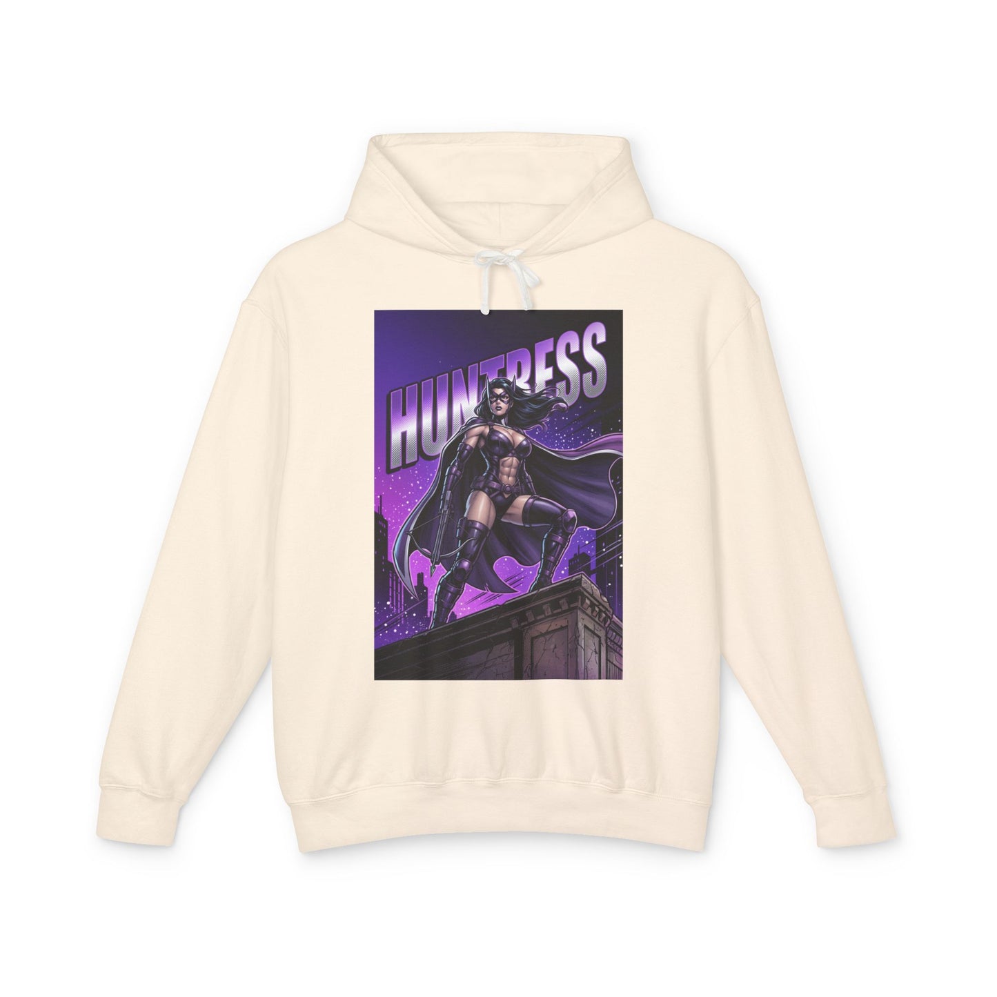 Huntress Hoodie | DC Vigilante Hoodie | Gotham Avenger Pullover front view cream pullover with purple Huntress graphic art