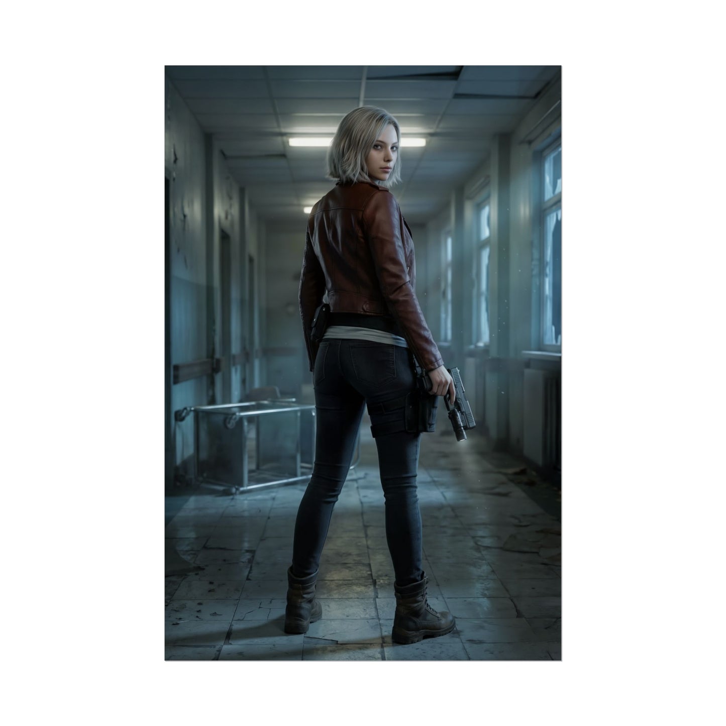 Resident Evil Grace Ashcroft Poster, Resident Evil Requiem Art Print, Horror Game Decor — cinematic Grace Ashcroft standing in dark corridor with handgun