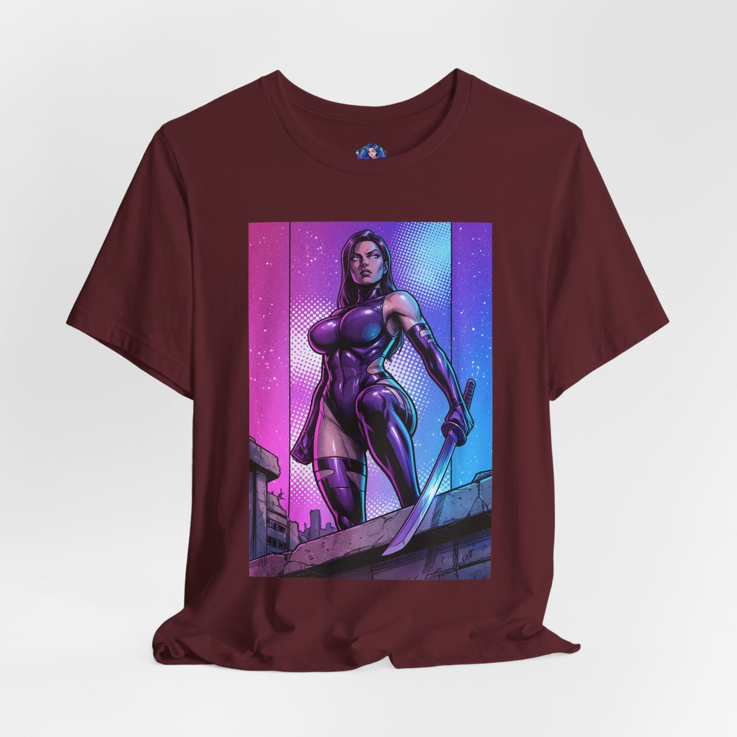 Psylocke T-Shirt | X-Men Anime Style Comic Tee bold comic illustration of Psylocke with blade on maroon Bella Canvas tee