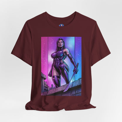 Psylocke T-Shirt | X-Men Anime Style Comic Tee bold comic illustration of Psylocke with blade on maroon Bella Canvas tee