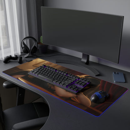 Yor Forger Desk Mat – LED RGB Pad, Waifu Anime Girl Gaming Setup on sleek gaming desk with keyboard and mouse
