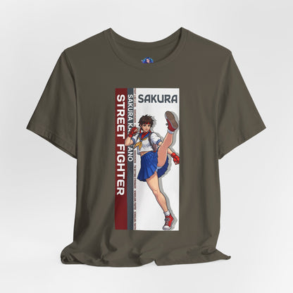 Sakura Kasugano T-Shirt | Street Fighter Anime Tee for Gamers & Fighting Game Fans - anime-style Sakura kicking pose on Bella Canvas 3001 tee
