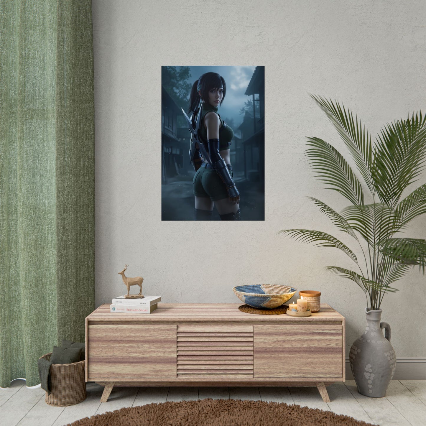 Yuffie Poster, Final Fantasy Art Print – Iconic Ninja RPG Heroine hanging in a modern gaming room, vivid ultra-high resolution print