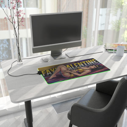 Faye Valentine RGB Desk Mat, Cowboy Bebop Gaming Mouse Pad, LED Desk Mat for Gamer Setup on modern white desk with monitor and keyboard