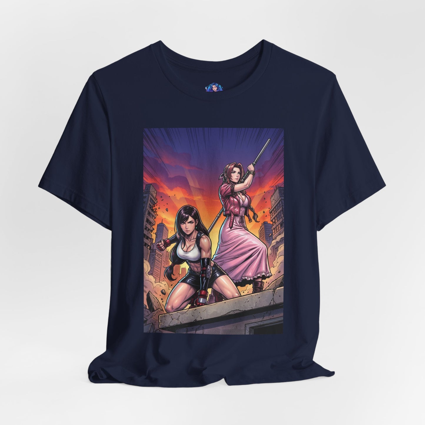 Tifa Lockhart and Aerith Gainsborough T-Shirt | Final Fantasy Duo Anime Tee featuring dynamic anime duo in urban battle scene on Bella Canvas 3001
