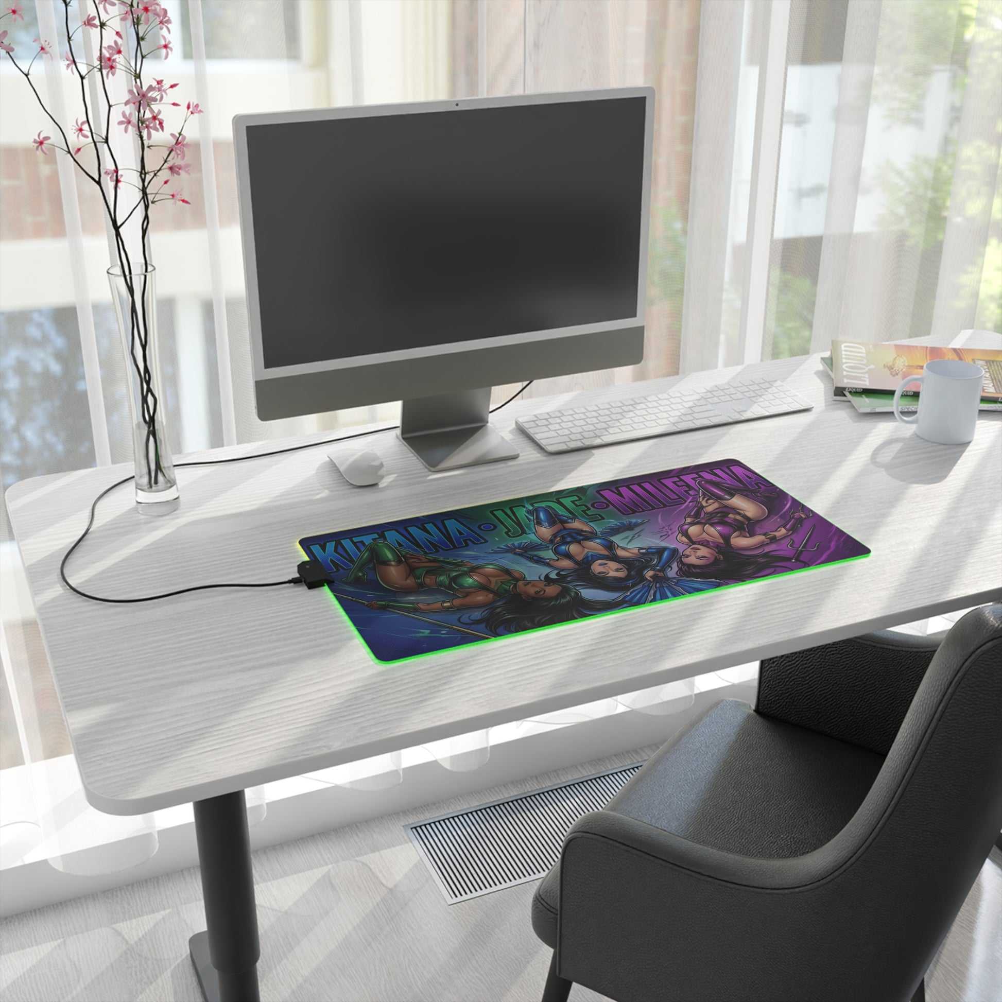 Kitana Jade Mileena RGB Desk Mat, Mortal Kombat Gaming Mouse Pad, LED Desk Mat showcasing trio artwork on a gamer’s desk with green LED edge