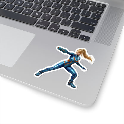 Samus Aran Sticker – Futuristic Game Vinyl Sticker for Laptops & Indoor Decor on silver laptop showcasing glossy, durable vinyl, vibrant colors and bubble-free application