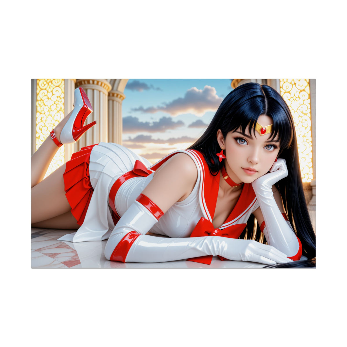 Sailor Mars Anime Poster | Waifu Wall Art for Magical Girl Room Decor - vibrant Sailor Mars mid-transformation with flowing black hair and fire aura