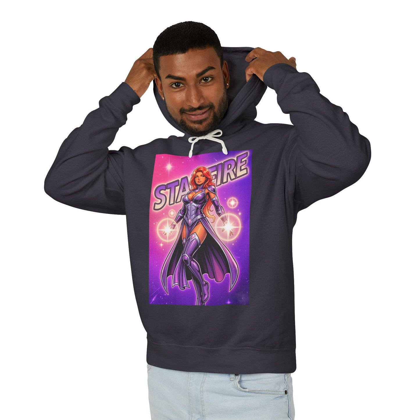 Starfire Hoodie | DC Superhero Hoodie | Cosmic Princess Pullover featuring bold graphic of Starfire on charcoal unisex pullover