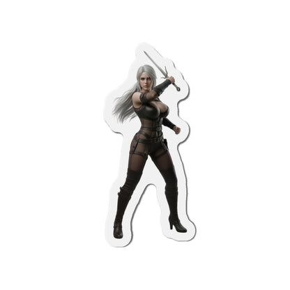 Alt Tag: Ciri Magnet – The Witcher Game Heroine Fridge Magnet, Anime Style Decor - die-cut vinyl magnet showing Ciri in dynamic sword pose