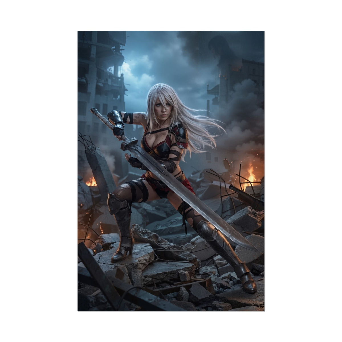 A2 Poster, NieR Automata Art Print  Iconic Android Warrior Wall Art featuring A2 in battle-ready pose amid ruined cityscape
