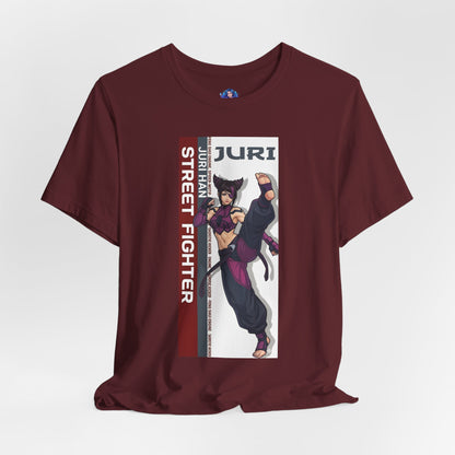Juri Han T-Shirt | Street Fighter Anime Tee for Gamers & Fighting Game Fans maroon Bella Canvas tee featuring dynamic Juri illustration