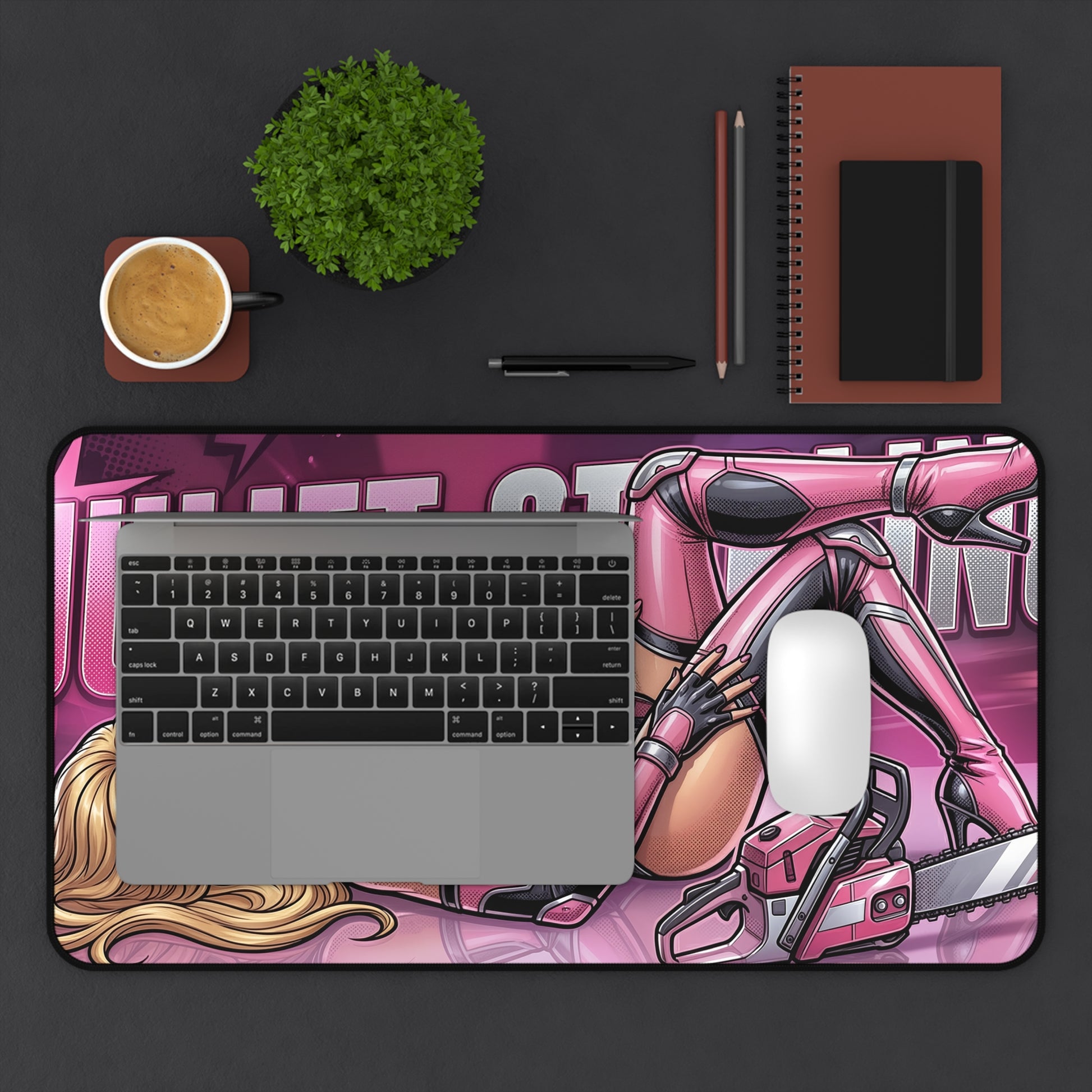 Juliet Starling Desk Mat, Lollipop Chainsaw Mouse Pad, Gamer Desk Decor — vibrant comic-style chainsaw-wielding character desk mat with stitched edges and non-slip base