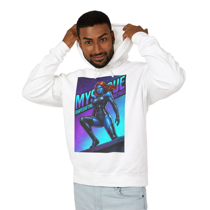 Mystique Hoodie | X-Men Hoodie | Comic Book Villain Pullover - white streetwear pullover featuring blue Mystique graphic on male model