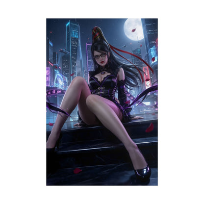 Bayonetta Poster / Bayonetta Wall Art / Bayonetta Art Print / Bayonetta Game Poster — moonlit seductive Bayonetta portrait in city skyline