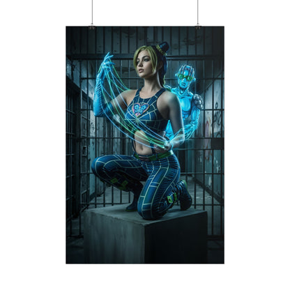 Jolyne Cujoh Poster, JoJo Stone Ocean Art Print, Iconic Anime Hero — dynamic Jolyne with her Stand in moody prison background