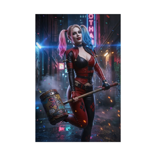 Harley Quinn Poster, DC Comics Art Print – Iconic Anti-Heroine Wall Art featuring Harley Quinn in neon alley with mallet, perfect for gamer rooms and collectors