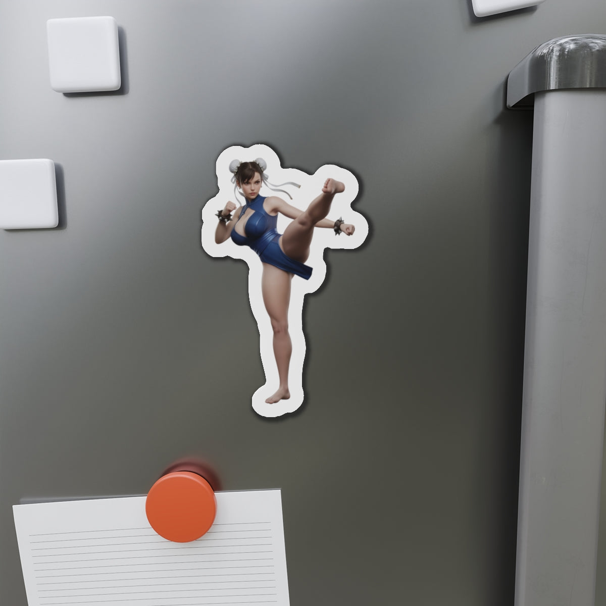 Chun-Li Magnet – Street Fighter Character Fridge Magnet, Anime Game Decor – die-cut vinyl fridge magnet of Chun-Li in blue outfit kicking (anime game decor)