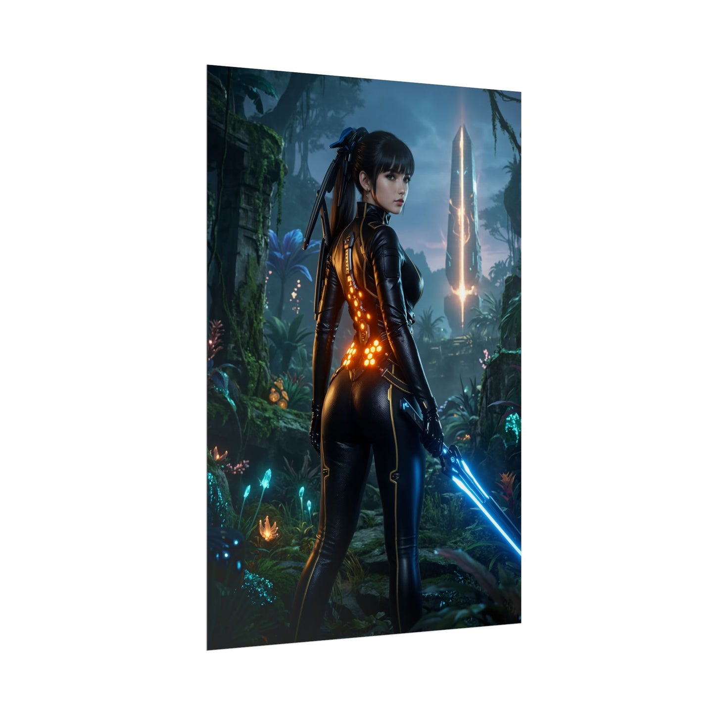 EVE Poster, Stellar Blade Print, Futuristic Combat Hero Wall Decor featuring a poised futuristic warrior with glowing armor and blue energy sword