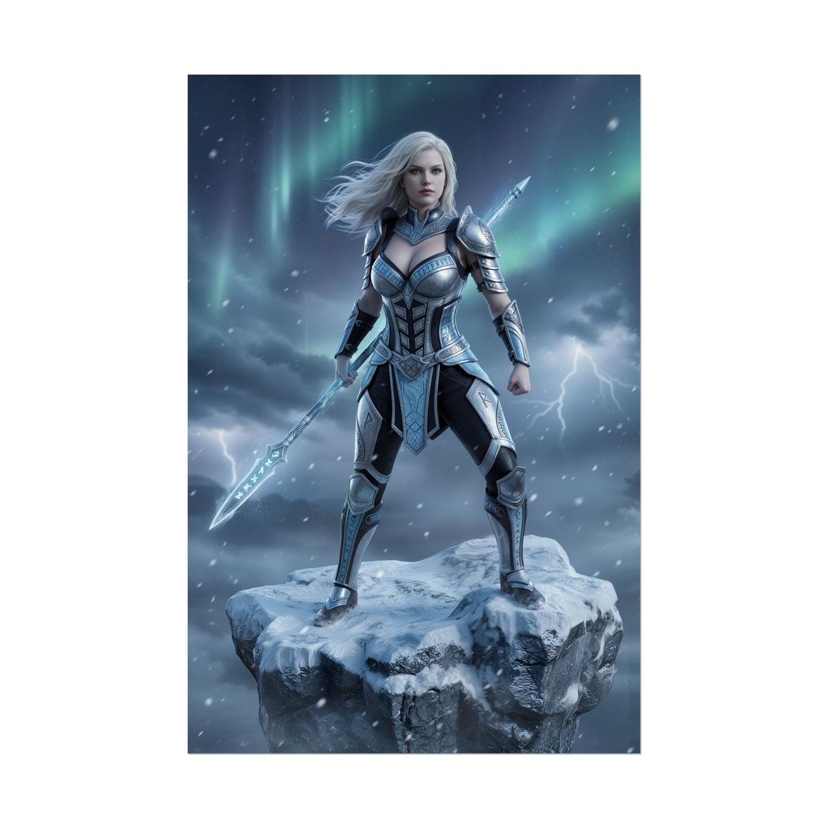 Valkyrie Poster, Marvel Art Print  Asgardian Warrior Wall Art showing armored female warrior on icy rock with glowing spear under aurora sky