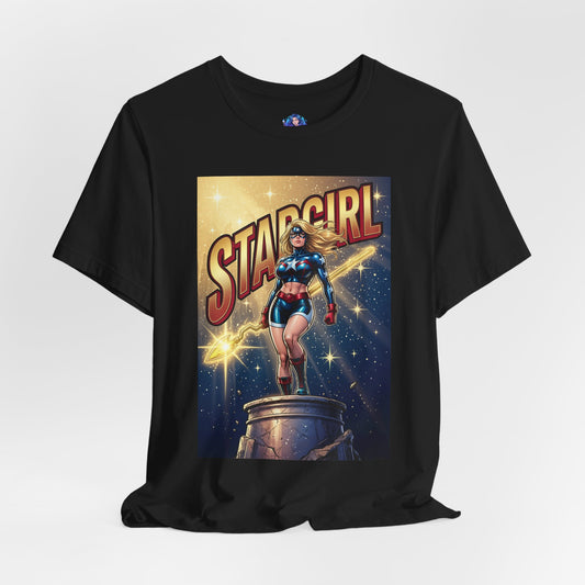 Stargirl T-Shirt | DC Comics Anime Superhero Tee featuring Stargirl standing on a column with cosmic staff, starry background on Bella Canvas tee