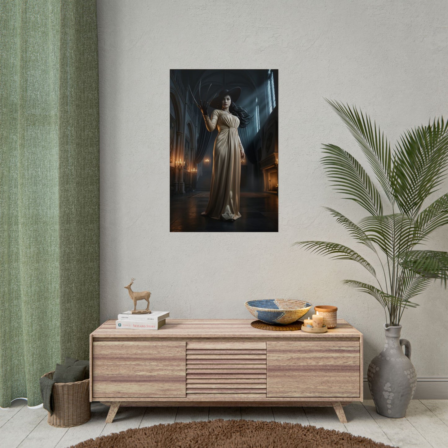Lady Dimitrescu Poster Resident Evil Wall Art Print Gothic Castle Decor - cinematic full-body poster of towering vampire noblewoman in castle hall