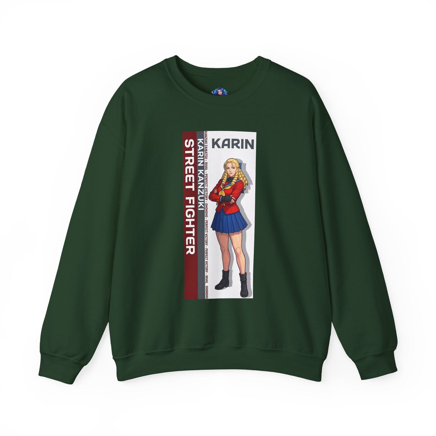 Karin Sweatshirt, Street Fighter Crewneck, Elegant Fighting Game Apparel for Fans - green crewneck with Karin character art